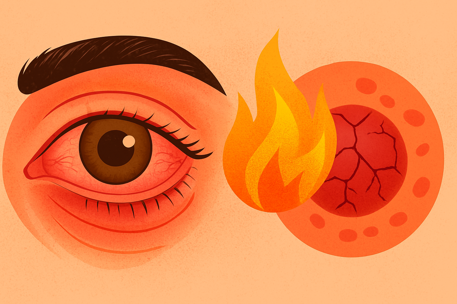 Visual metaphor illustrating chronic Systemic Inflammation (Inflammaging) as a "silent fire" driving damage to the eye, focusing on Systemic Inflammation Eye Health.