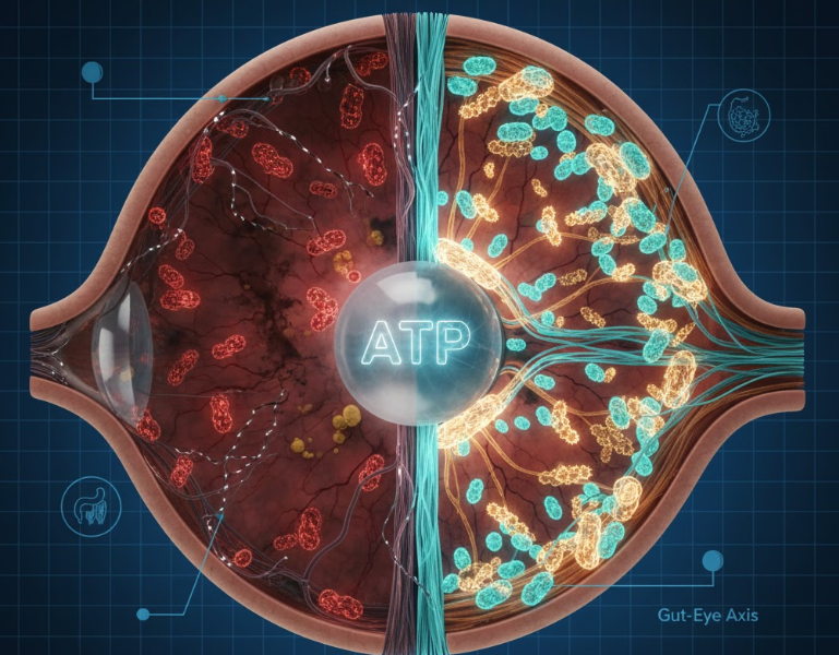 Illustration of a stylized eye with glowing mitochondria inside the cells, emphasizing the critical role of Mitochondrial Eye Health in preventing cellular aging and vision loss.