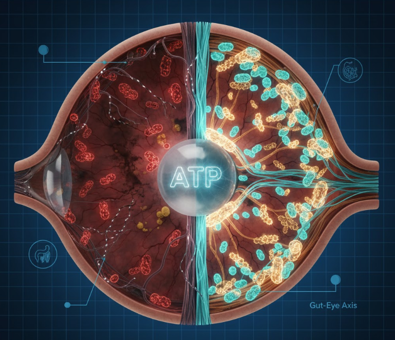 Illustration of a stylized eye with glowing mitochondria inside the cells, emphasizing the critical role of Mitochondrial Eye Health in preventing cellular aging and vision loss.