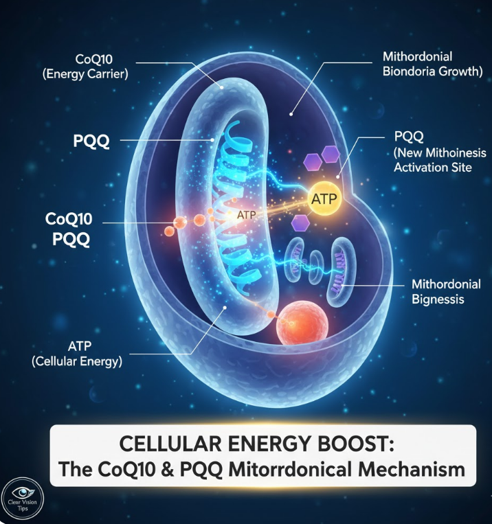 Diagram illustrating how CoQ10 and PQQ supplements support the electron transport chain, crucial for restoring Mitochondrial Eye Health and energy levels in the retina.