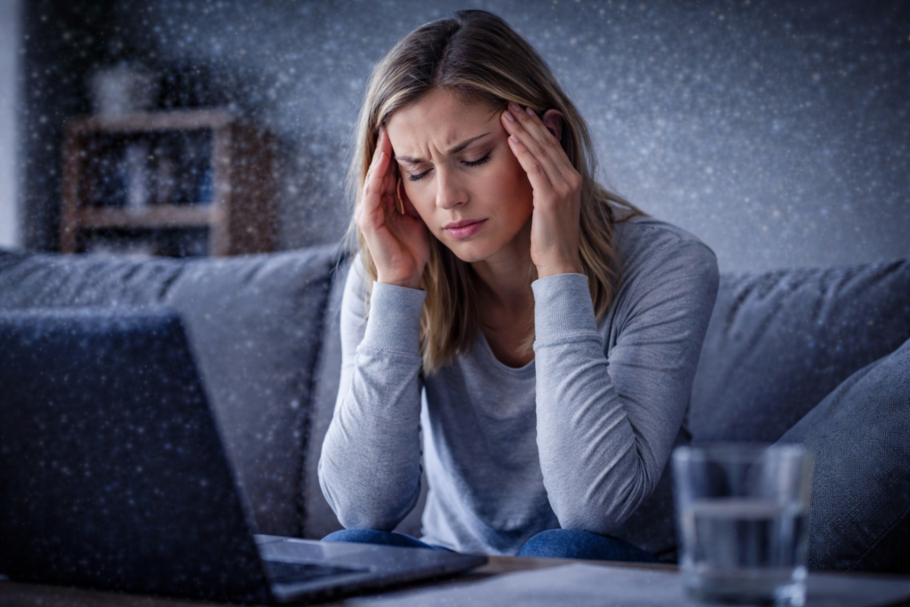 Woman experiencing visual snow syndrome with static-like dots across her vision while holding her temples due to eye strain and head discomfort
