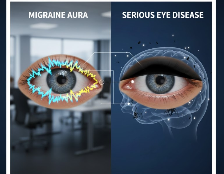 Comparison diagram of migraine aura visual disturbances vs retinal detachment symptoms.