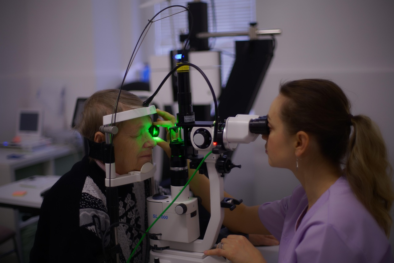 Professional eye exam frequency check-up for a patient at a clinic.