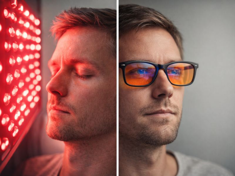 Person using red light therapy vs blue light glasses to reduce digital eye strain.