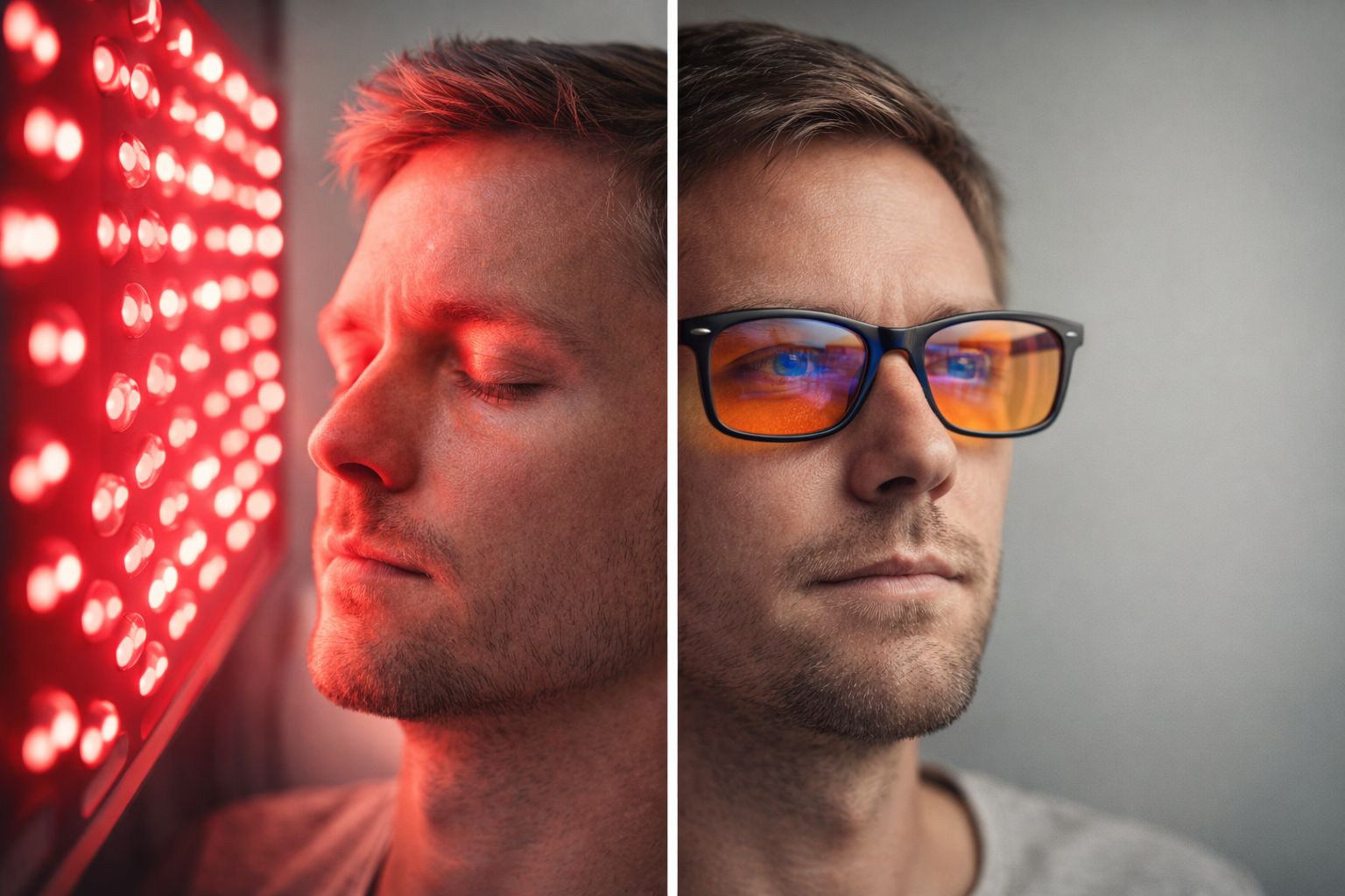 Person using red light therapy vs blue light glasses to reduce digital eye strain.