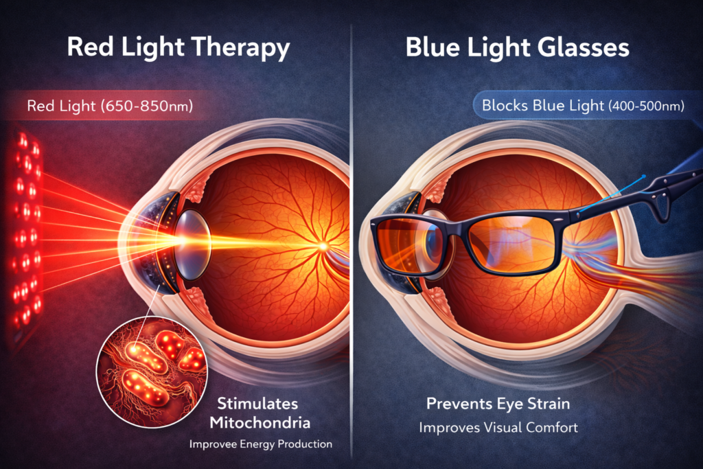 Scientific diagram showing the effects of Red Light Therapy vs Blue Light Glasses on the human eye.