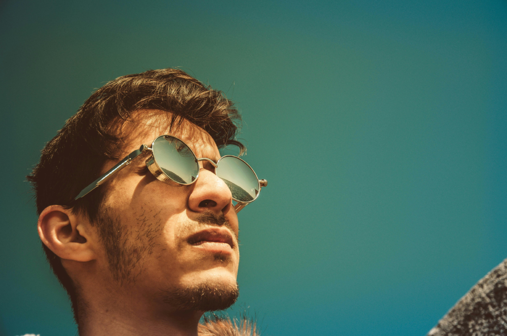 Wraparound sunglasses protecting eyes from UV radiation