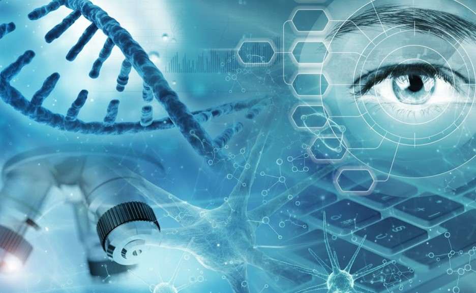 Graphic illustrating the connection between the DNA helix and the retina, key to understanding inherited eye diseases and genetic testing protocols.