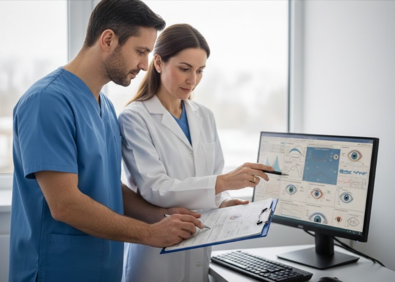 Clinical ophthalmic equipment used for diagnosing Rheumatoid Arthritis Eye Complications.