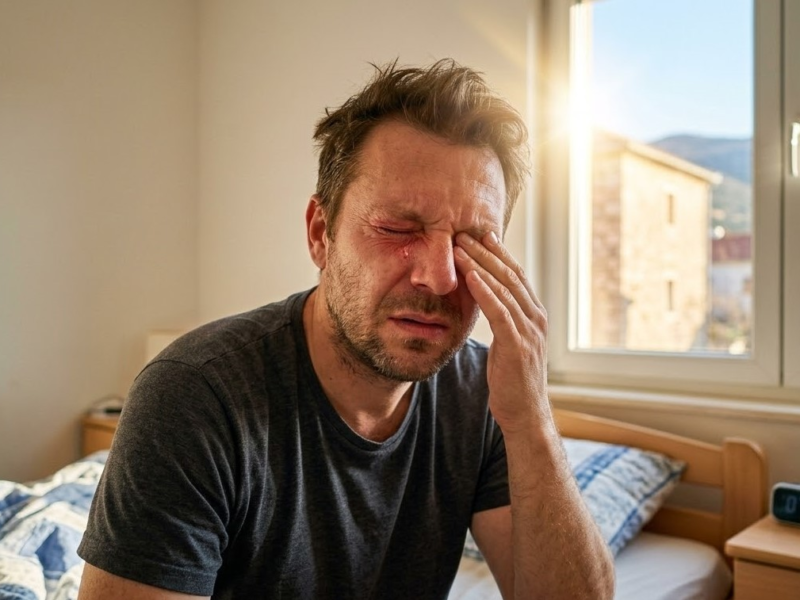 Man asking why eyes feel worse after sleep in the morning sunlight