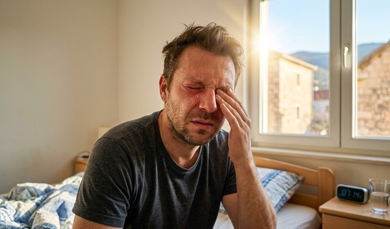 Man asking why eyes feel worse after sleep in the morning sunlight