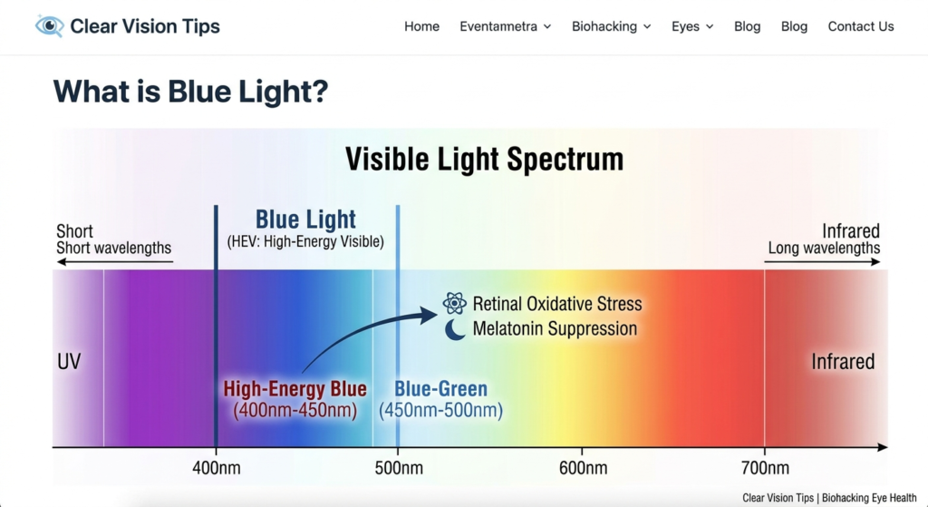 Chart of visible light spectrum highlighting high energy blue light HEV wavelengths for biohacking eye protection and sleep optimization