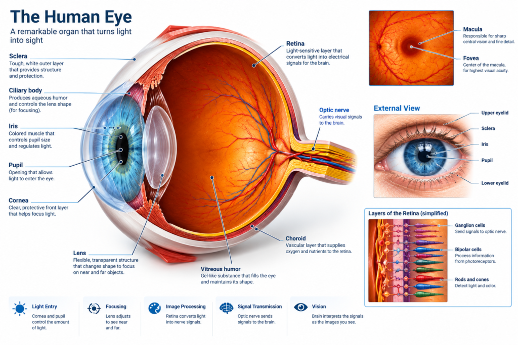3D Human Eye Diagram: Detailed 3D anatomical diagram of the human eye showing the retina, lens, cornea, optic nerve, and internal eye structures.