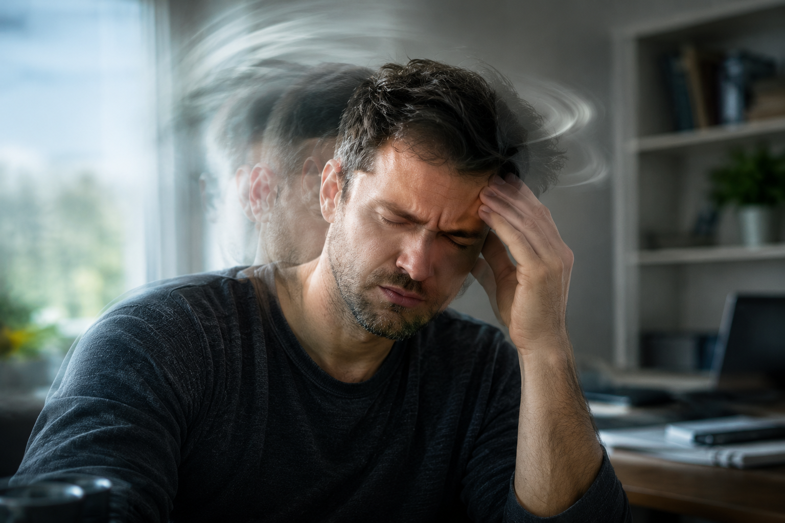 Man suffering from chronic migraine and dizziness caused by Binocular Vision Dysfunction (BVD)