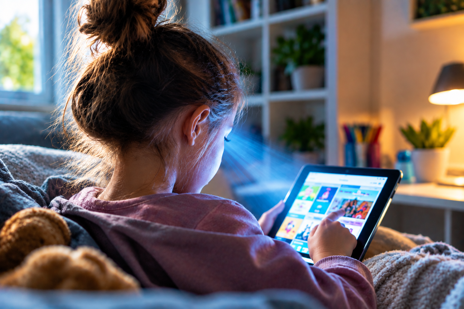 Child using a tablet indoors, illustrating how screen time can affect children’s eye health and visual development.