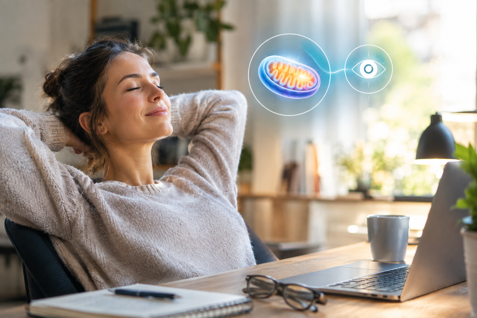 Woman taking a relaxing break from screen use, illustrating digital eye strain recovery and mitochondrial health.