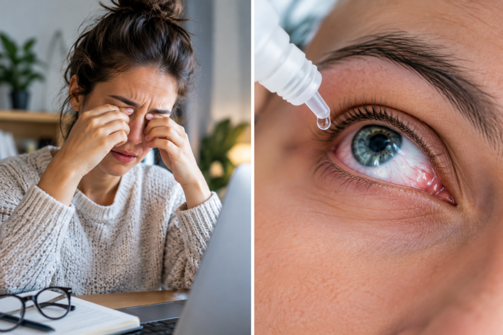 Dry Eyes: Causes, Symptoms, Treatment — person experiencing dry, irritated eyes while working at a computer