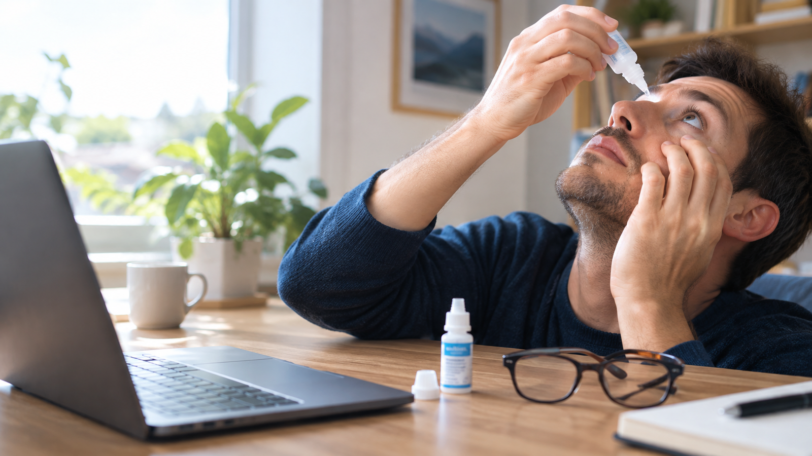 person applying lubricating drops from best eye drops for computer users to relieve screen strain