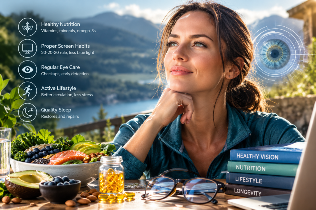 Healthy eye habits for long-term eye health, including balanced nutrition, proper screen habits, regular eye care, an active lifestyle, and quality sleep.