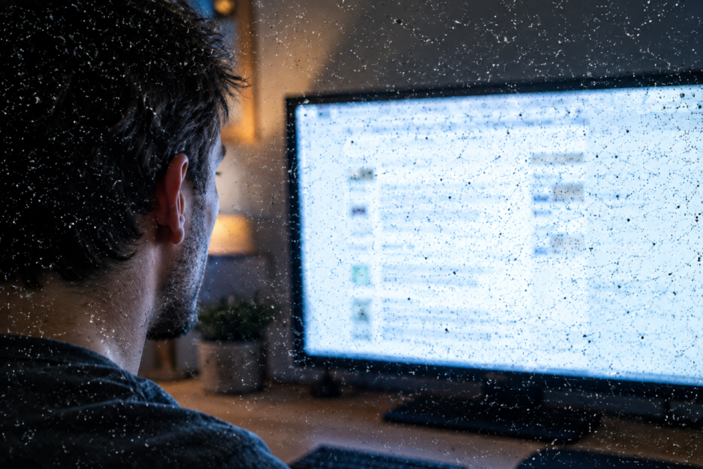 Man experiencing Visual Snow Syndrome while looking at a bright computer screen with static-like visual disturbances