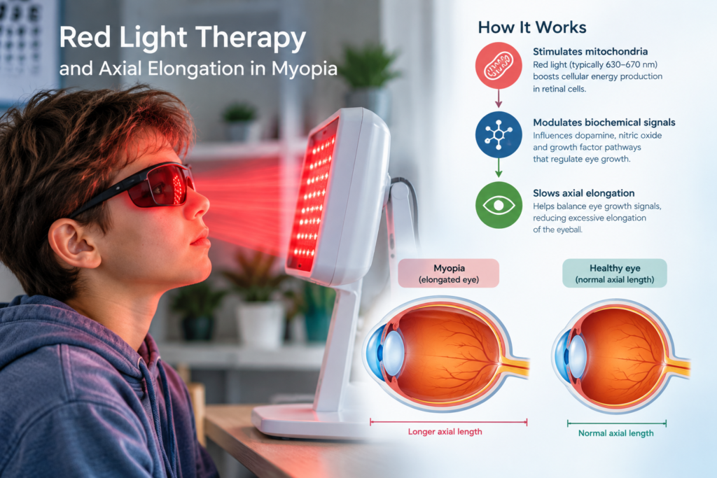 Red light therapy and axial elongation in myopia, showing how red light may influence eye growth and axial length.
