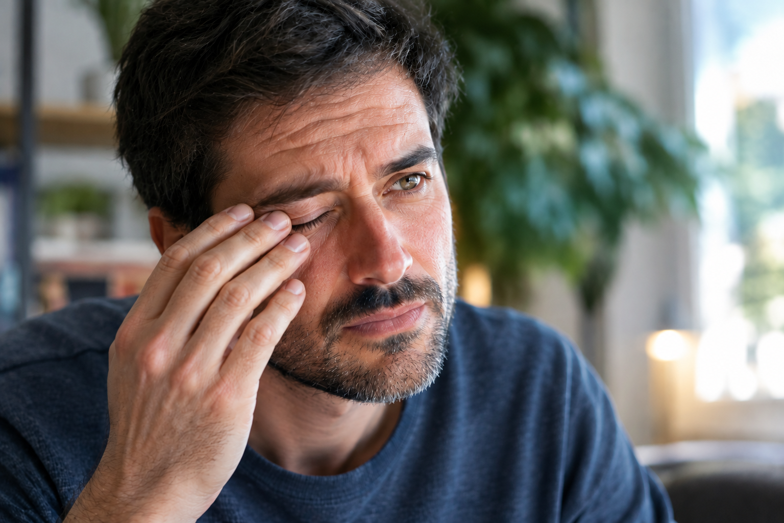 Person experiencing eye twitching (myokymia) with an irritated and fatigued eyelid