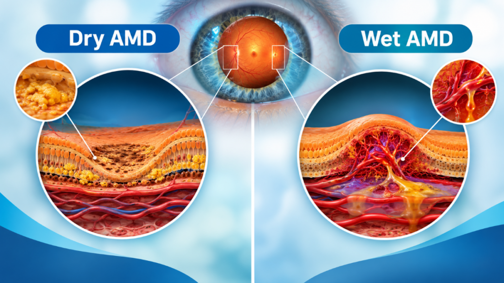 Early signs of macular degeneration, including blurred central vision, distorted lines, and retinal changes associated with age-related macular degeneration (AMD).