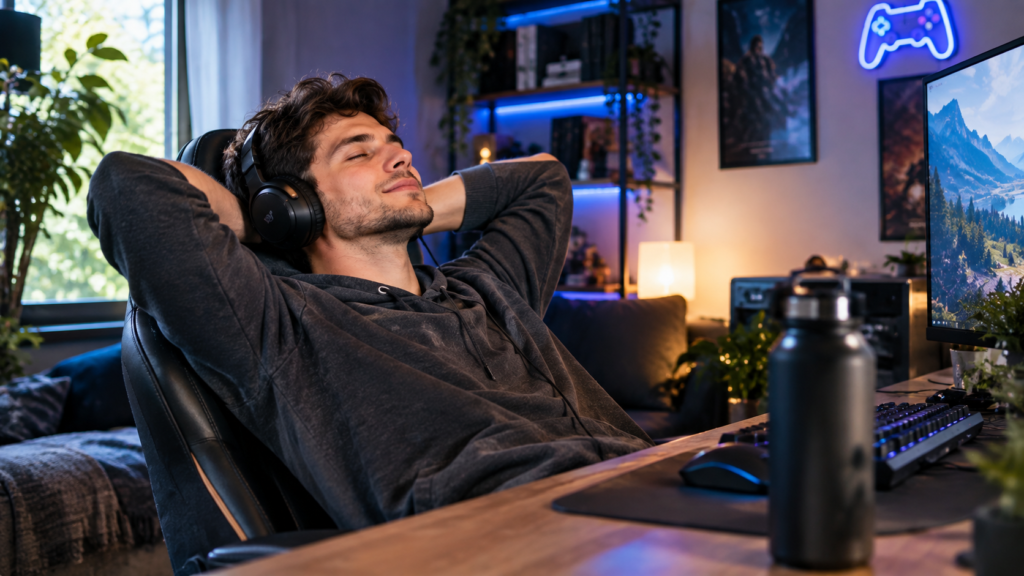 Gamer relaxing after a long gaming session to reduce eye strain and improve focus