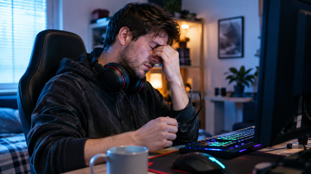 Gamer rubbing his eyes after a long gaming session, experiencing eye strain and reduced visual focus