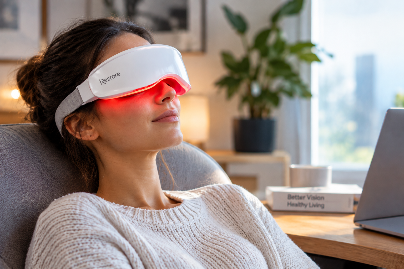 Woman using an iRestore red light therapy mask as part of a digital eye strain recovery routine.