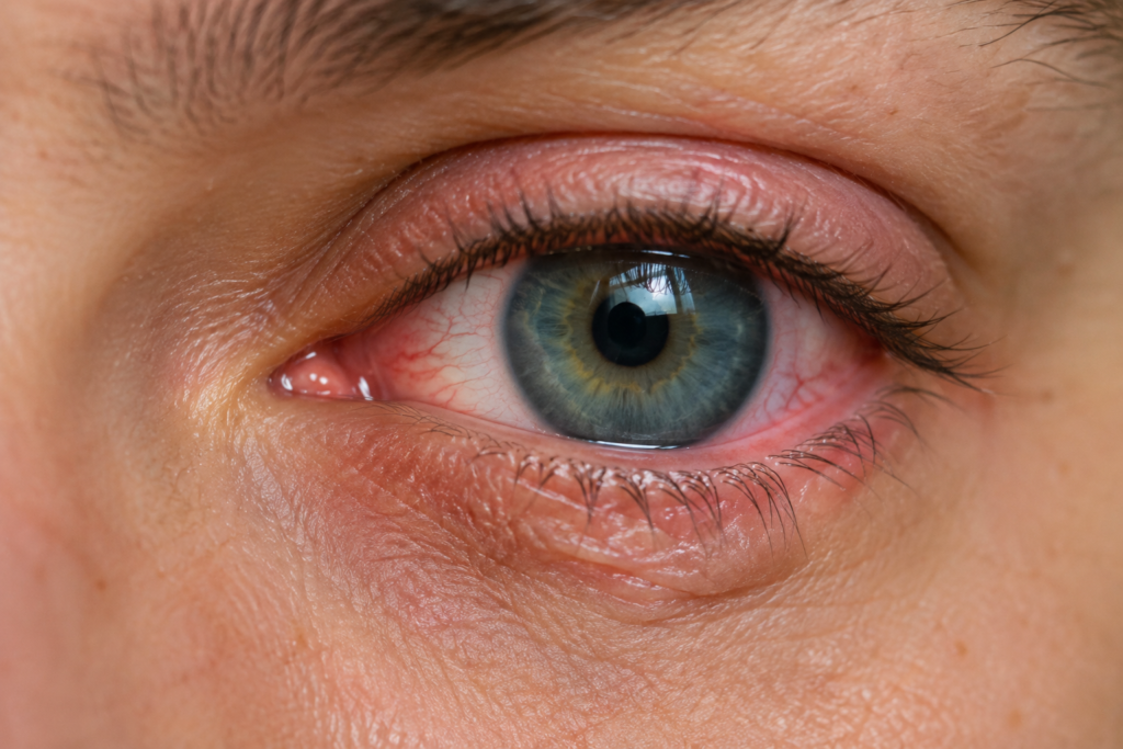 Close-up of an irritated, red eye illustrating symptoms associated with eyelid myokymia