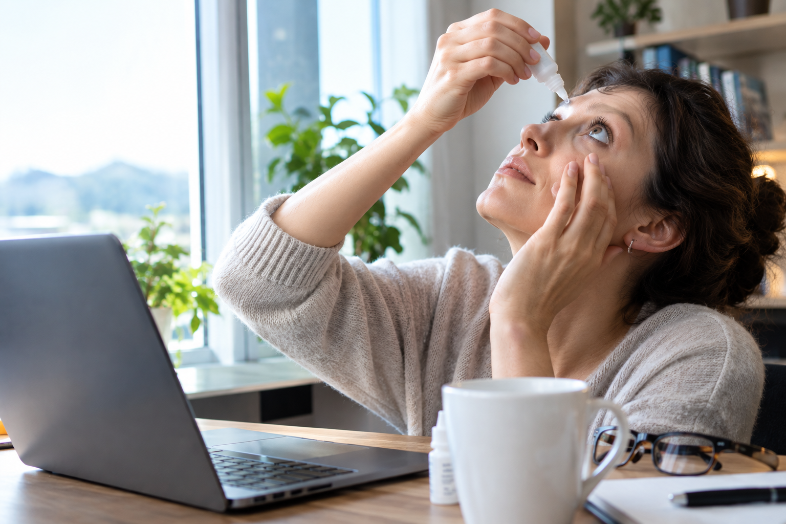 Woman applying eye drops while working at a laptop to relieve dry, tired eyes.