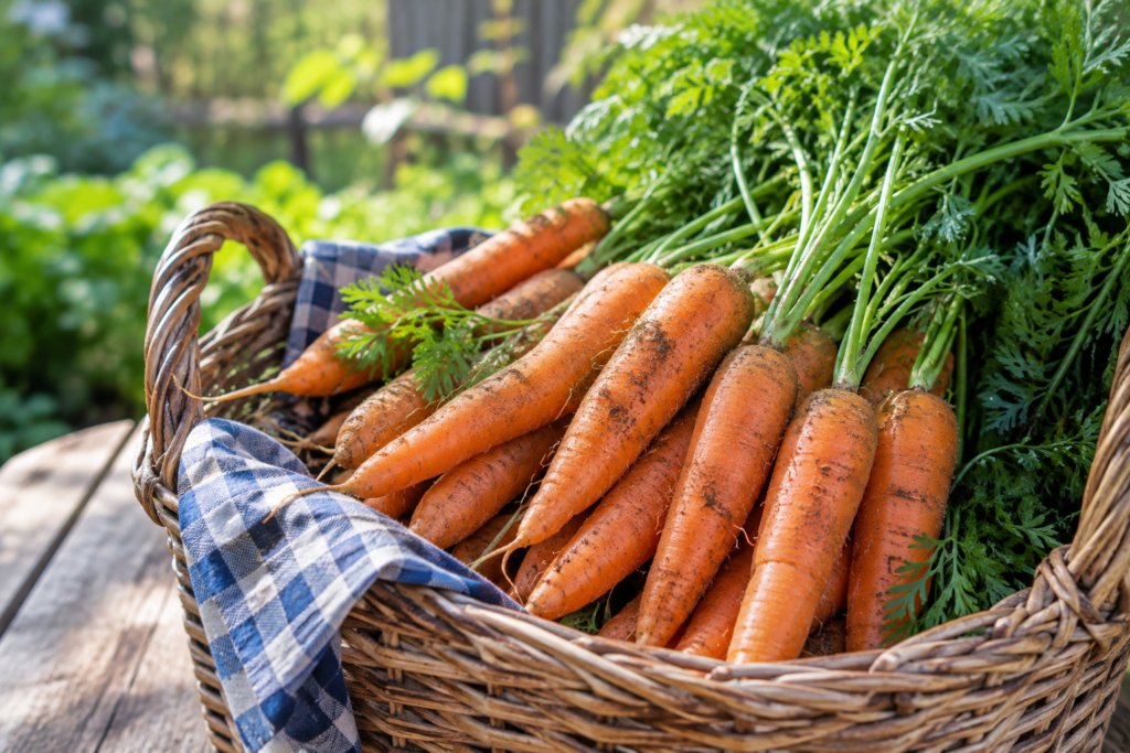 Fresh carrots in a basket with green tops, rich in nutrients for healthy vision