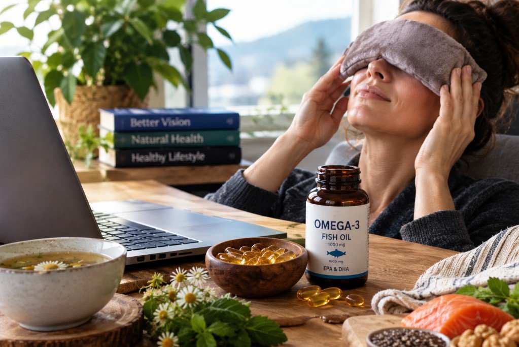 Woman using a warm eye compress while working at a computer, with omega-3 supplements and natural foods nearby.