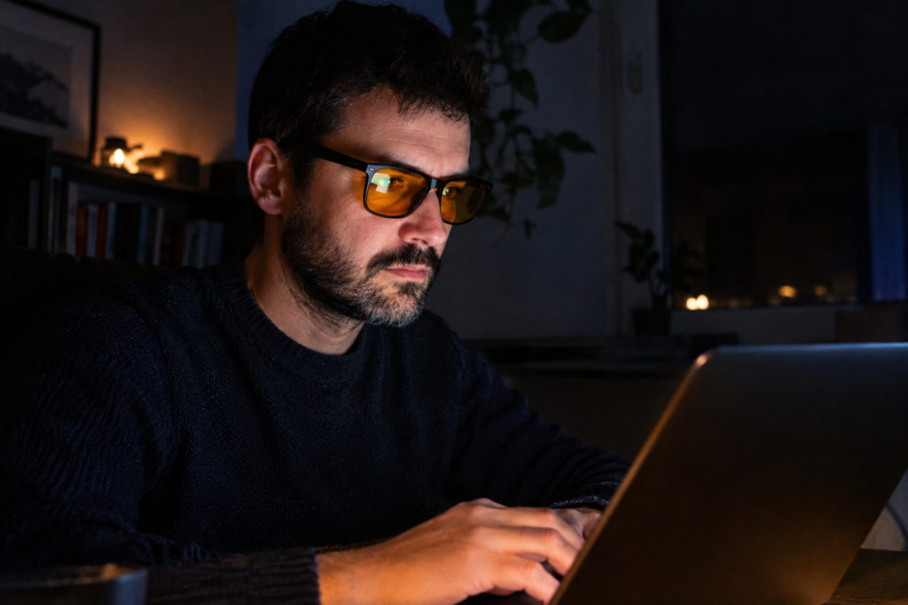 A person practicing a Blue Light Biohacking protocol by wearing amber tinted glasses while using a laptop at night