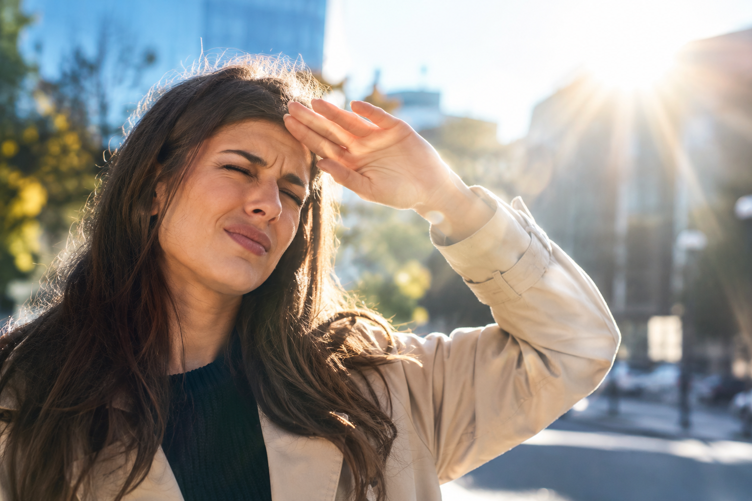 Person shielding her eyes from bright sunlight due to Light Sensitivity (Photophobia)