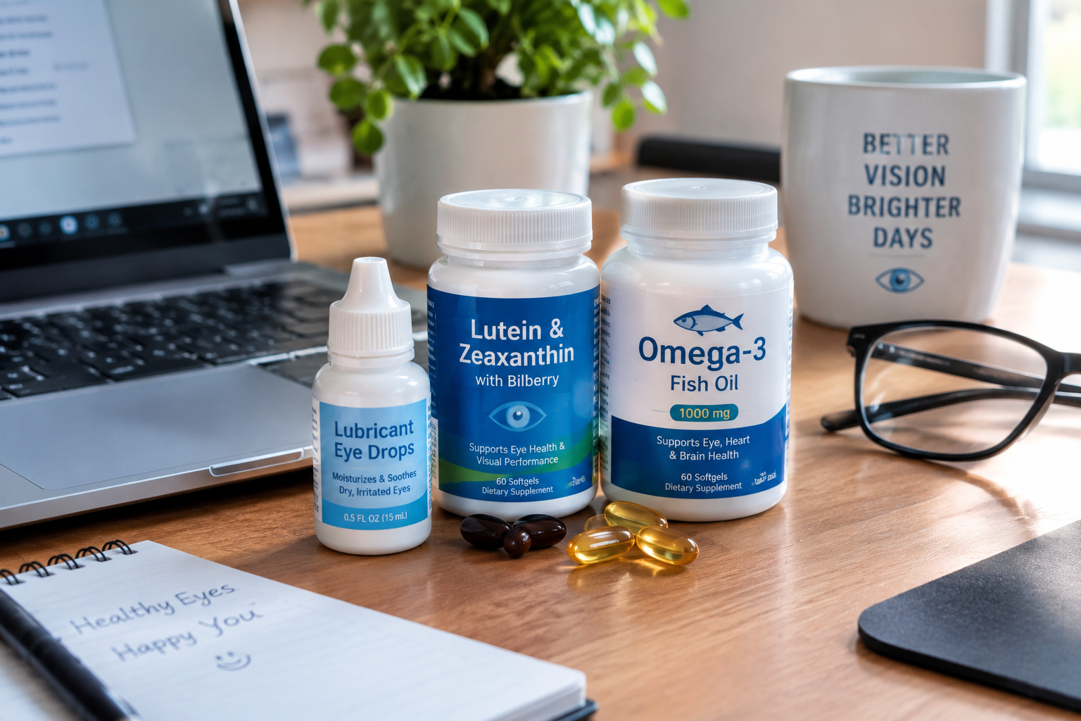 Eye drops and vision supplements for computer users, including lutein, zeaxanthin, and omega-3