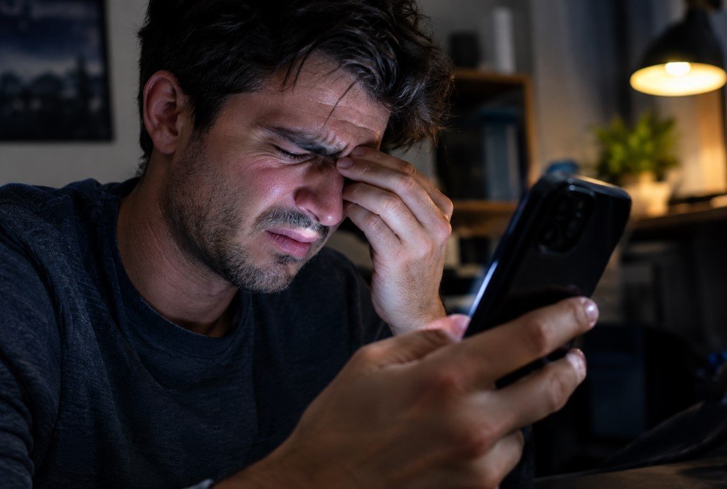 A man experiencing eye strain and discomfort after prolonged smartphone use, holding a phone close to his face in a dimly lit room