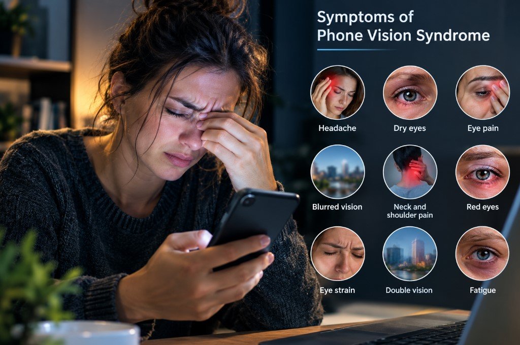 Symptoms of phone vision syndrome, including eye strain, dry eyes, headache, and eye pain from prolonged smartphone use.