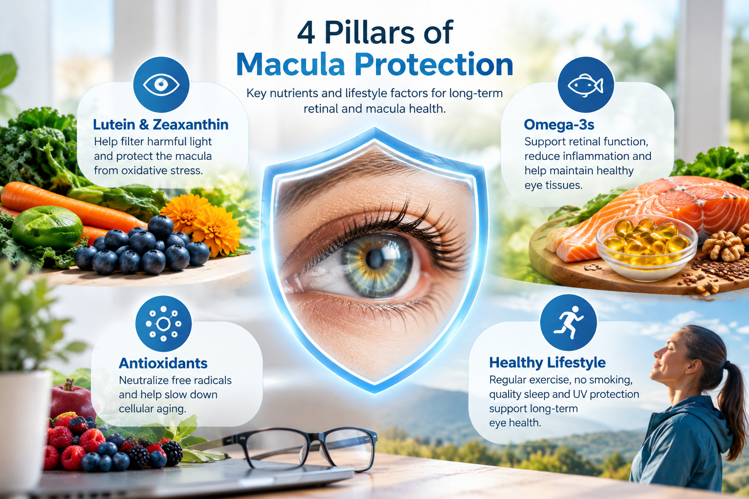 4 Pillars of Macula Protection," a crucial strategy for AMD prevention. The shield highlights key vision nutrients (Lutein & Zeaxanthin, Omega-3s) and lifestyle factors essential for long-term retinal and macula protection. This visual guide simplifies how to implement **Antioxidants and Eye Health** strategies to slow down eye aging naturally.