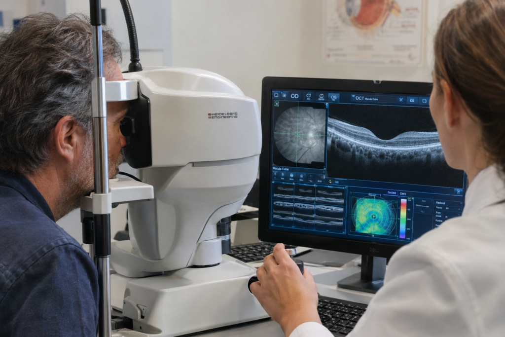 Optical Coherence Tomography OCT scan detecting retinal vasculitis and optic nerve inflammation