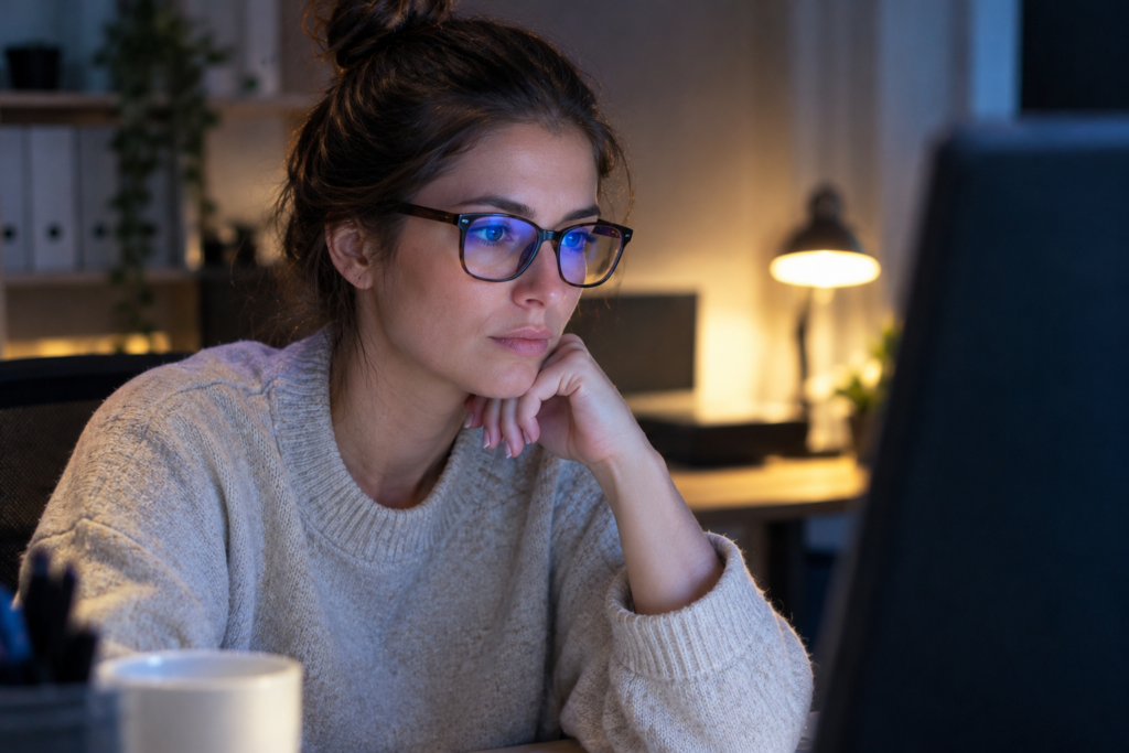 Blue light blocking glasses and warm desk lighting protecting eyes and brain from screen fatigue