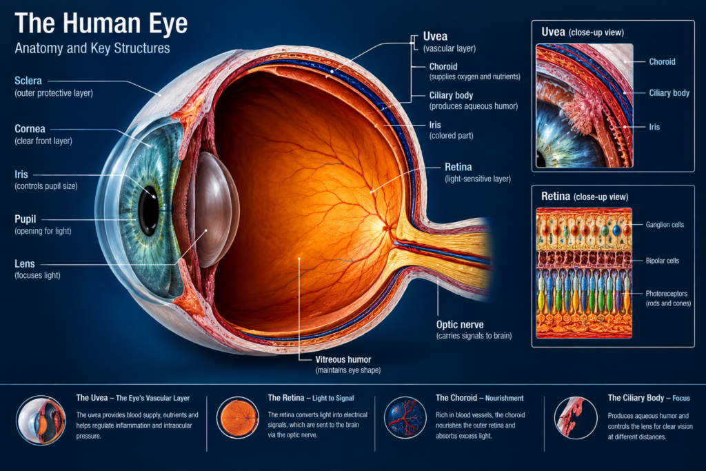 Deep scleral and uveal inflammation causing structural ocular damage during autoimmune flare-ups
