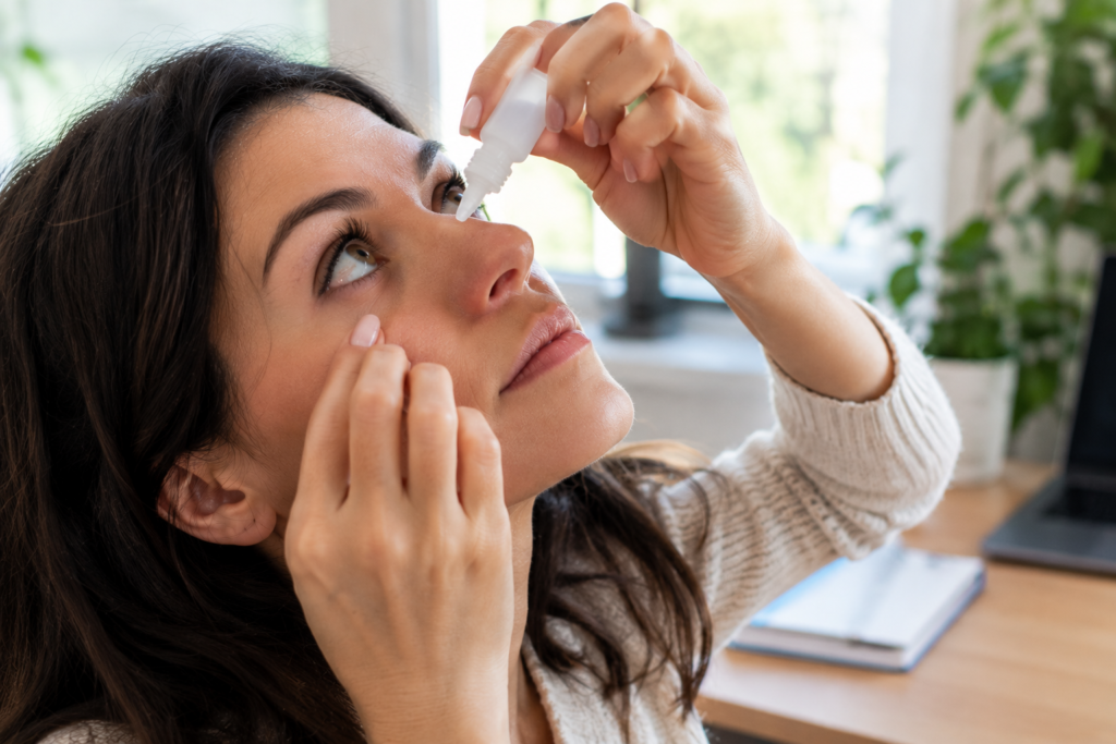 Applying preservative free eye drops to prevent tear film breakup during glaucoma and screen use