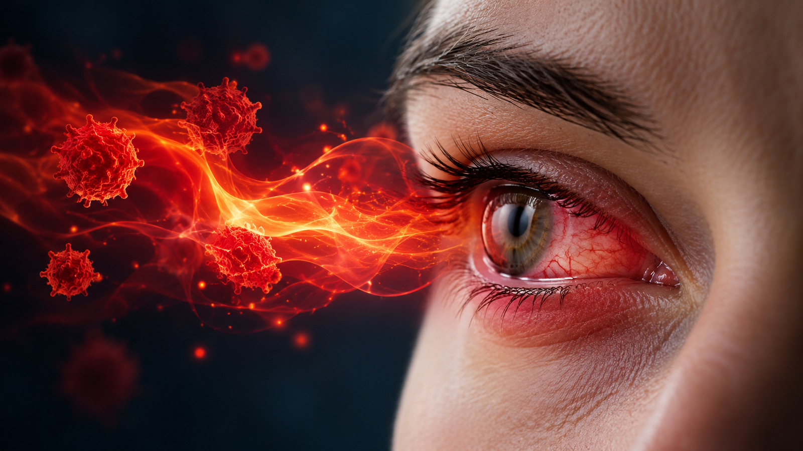Visual metaphor illustrating chronic Systemic Inflammation Inflammaging as a silent fire driving damage to the eye, focusing on Systemic Inflammation Eye Health