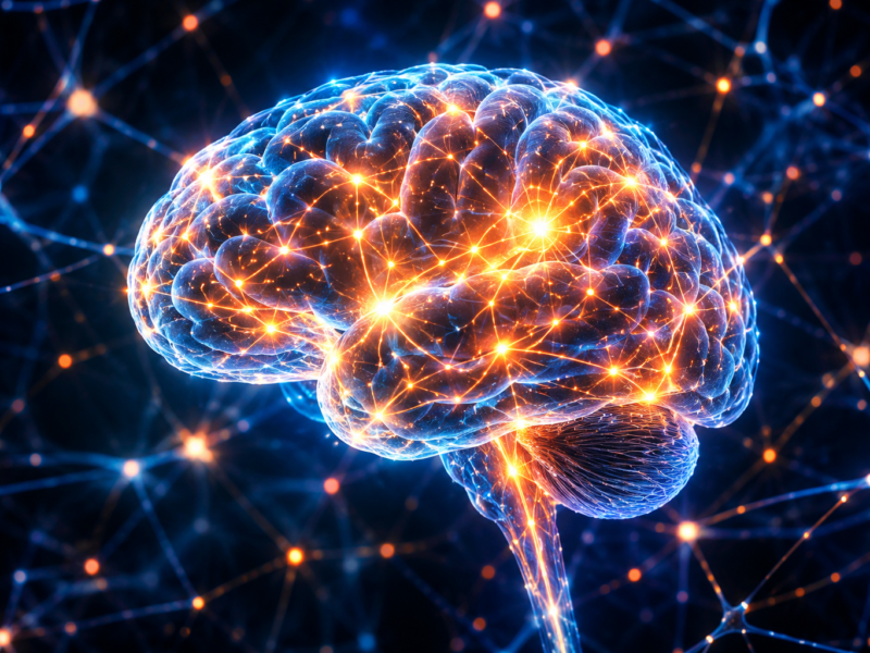 Illustration of a stylized brain with glowing neural pathways showing the connection between blue light and the brain