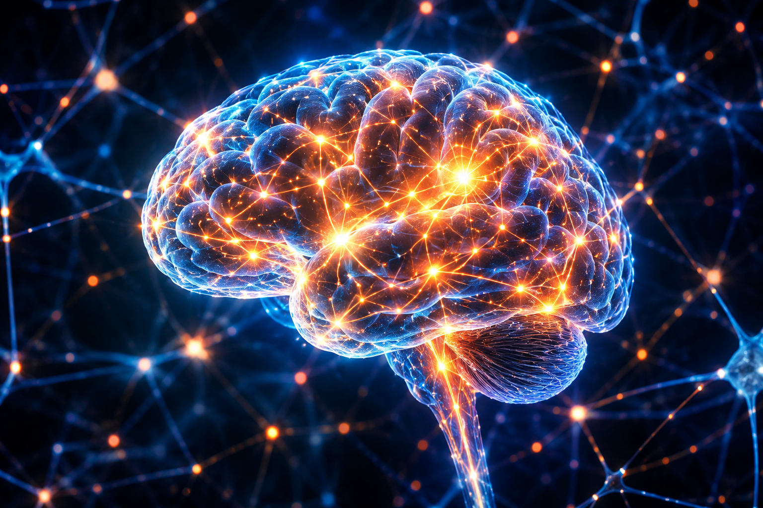 Illustration of a stylized brain with glowing neural pathways showing the connection between blue light and the brain