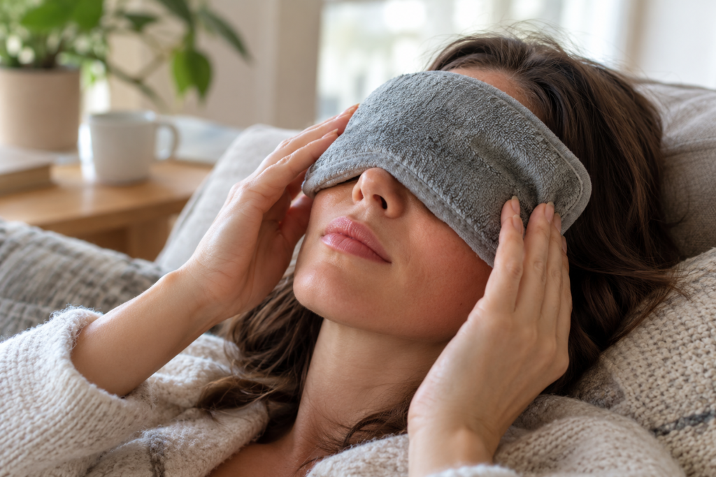 woman warm eye compress at home
