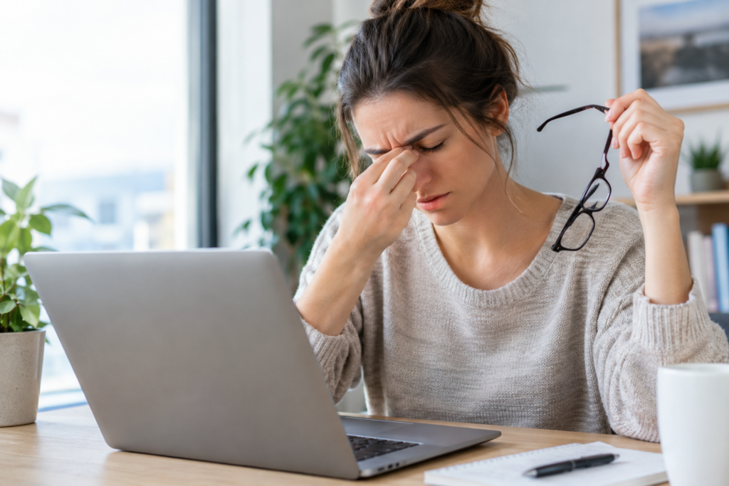 Person experiencing dry eyes and reflex watering during long computer screen work
